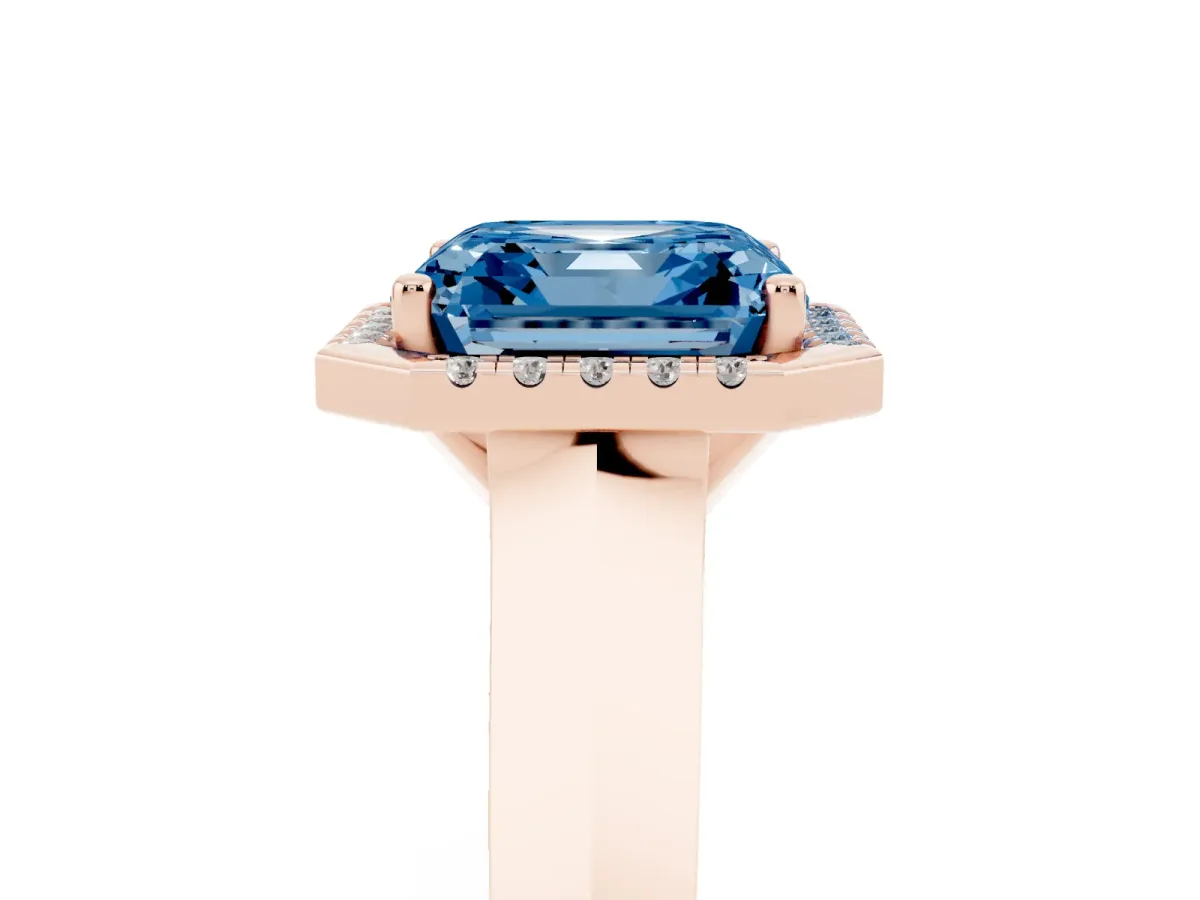 Fancy Blue Asscher Cut Halo Diamond Ring with Cathedral Band and Four-Prong Setting Rose gold