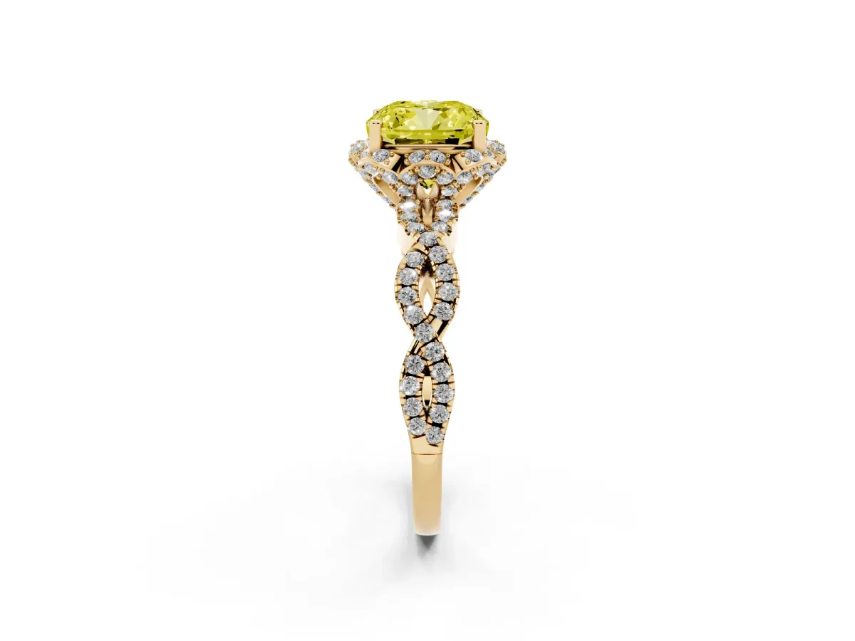 Fancy Yellow Cushion Cut Halo Twist Band Solitaire Ring with Six-Prong Setting Yellow gold