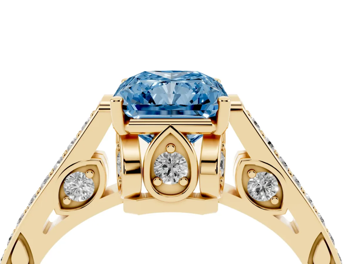 Fancy Blue Radiant Cut Cut Cathedral Pave Diamond Engagement Ring with Six-Prong Setting Yellow gold