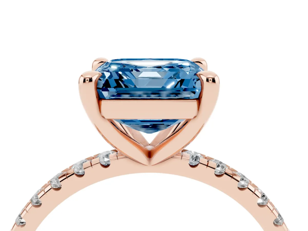 Fancy Blue Asscher Cut Diamond Brilliant Solitaire Ring with Pavé Band and Four-Prong Setting Rose gold