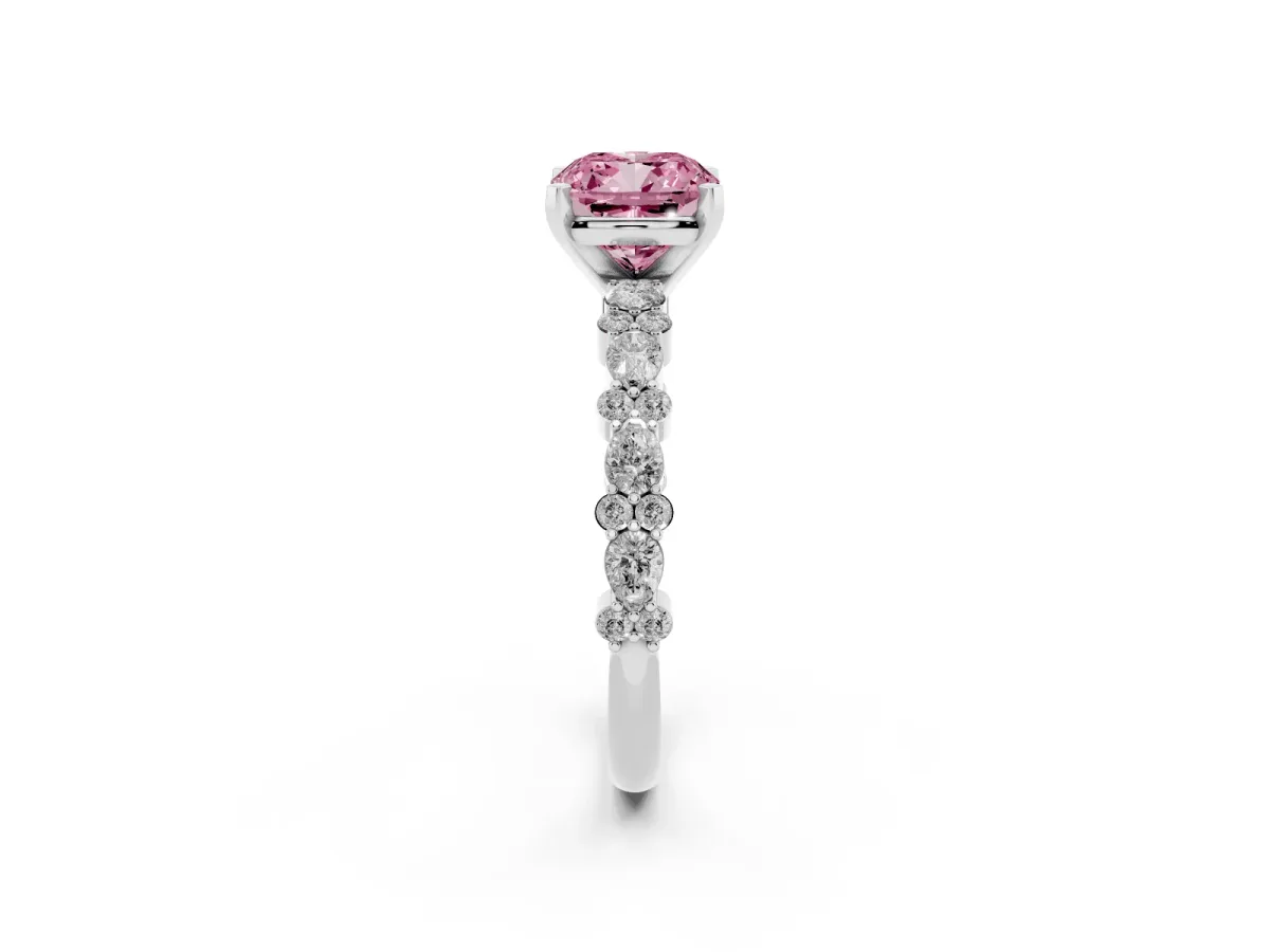 Fancy Pink Cushion Cut Diamond Side Stone Solitaire Ring with Round and Four-Prong Setting Silver