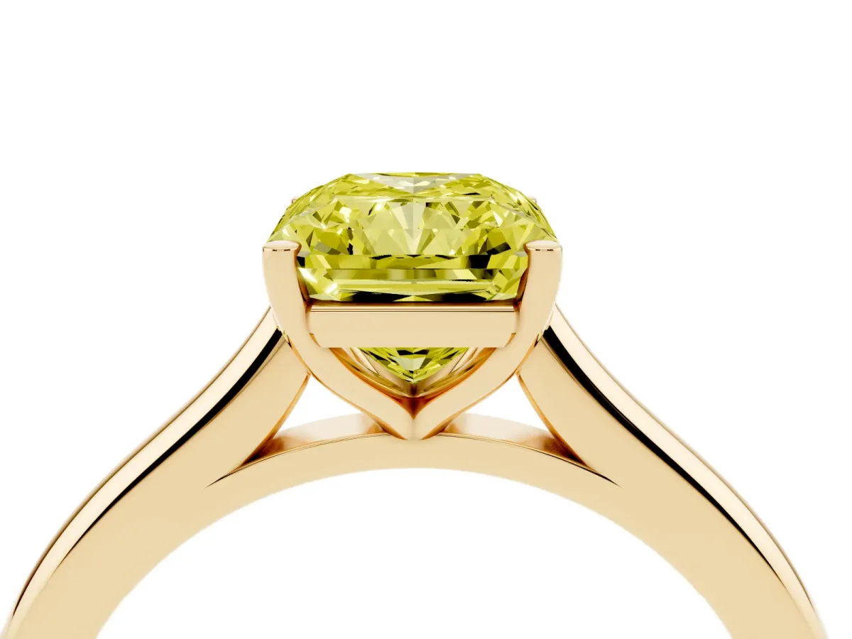 Fancy Yellow Radiant Cut Cut Solitaire Ring with Cathedral Band and Four-Prong Setting Yellow gold