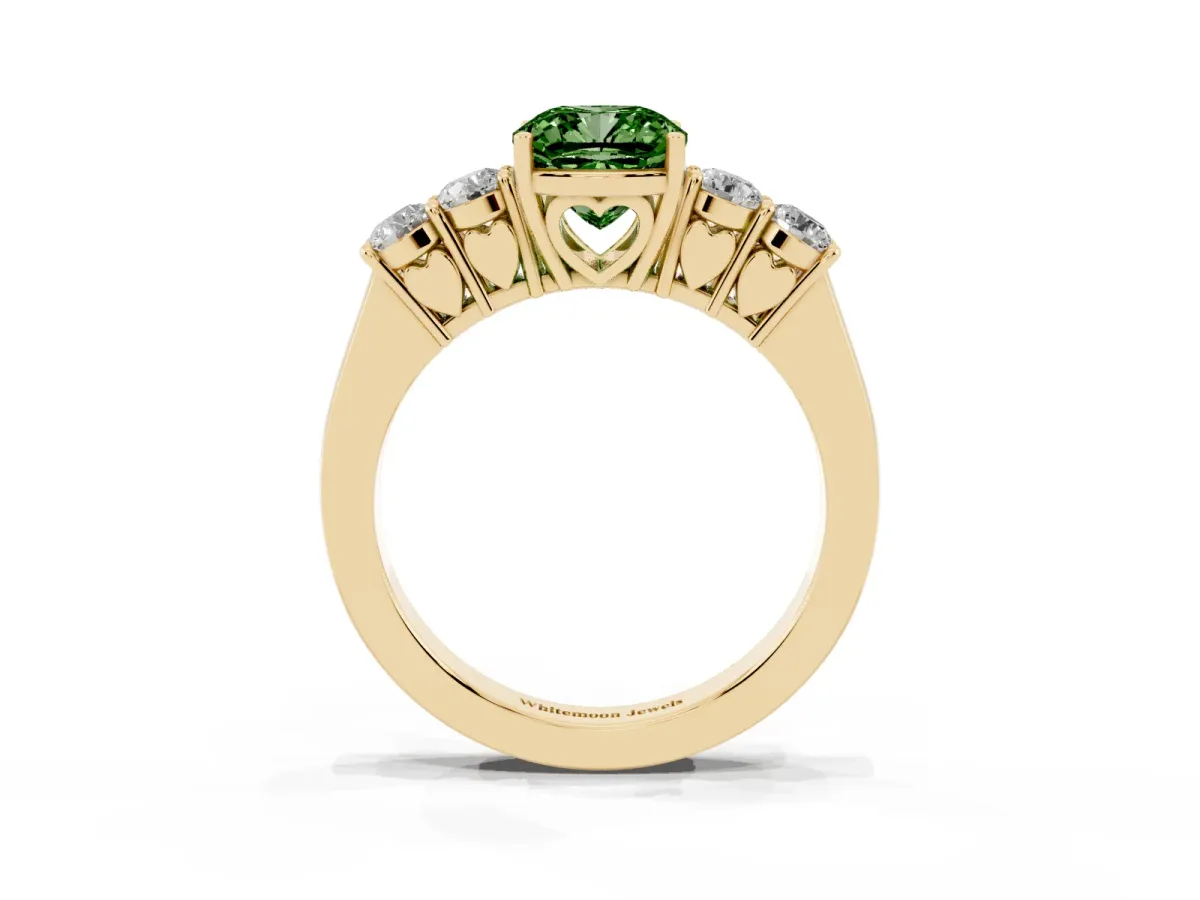 Fancy Green Cushion Cut Cut Diamond Five-Stone Prong Set White Gold Ring Yellow gold