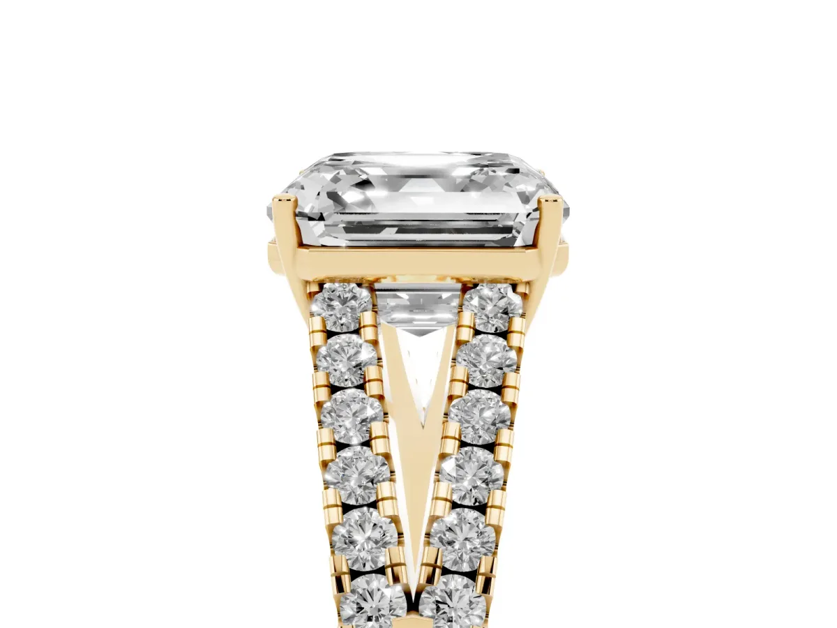 Asscher Cut Diamond Split Shank Engagement Ring with Round Pavé and Prong Setting Yellow gold