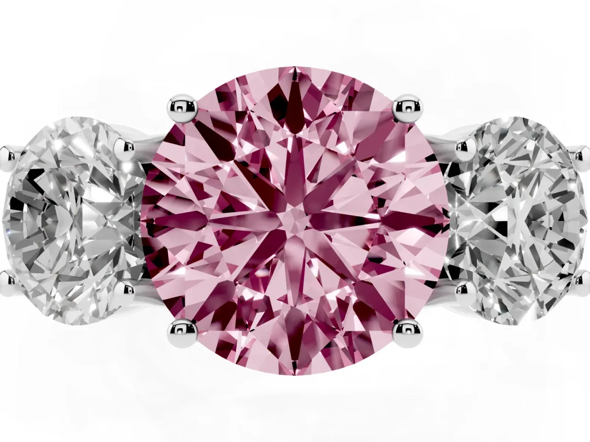 Fancy Pink Three-Stone Round Cut Diamond Pavé Band with Prong Setting Platinum