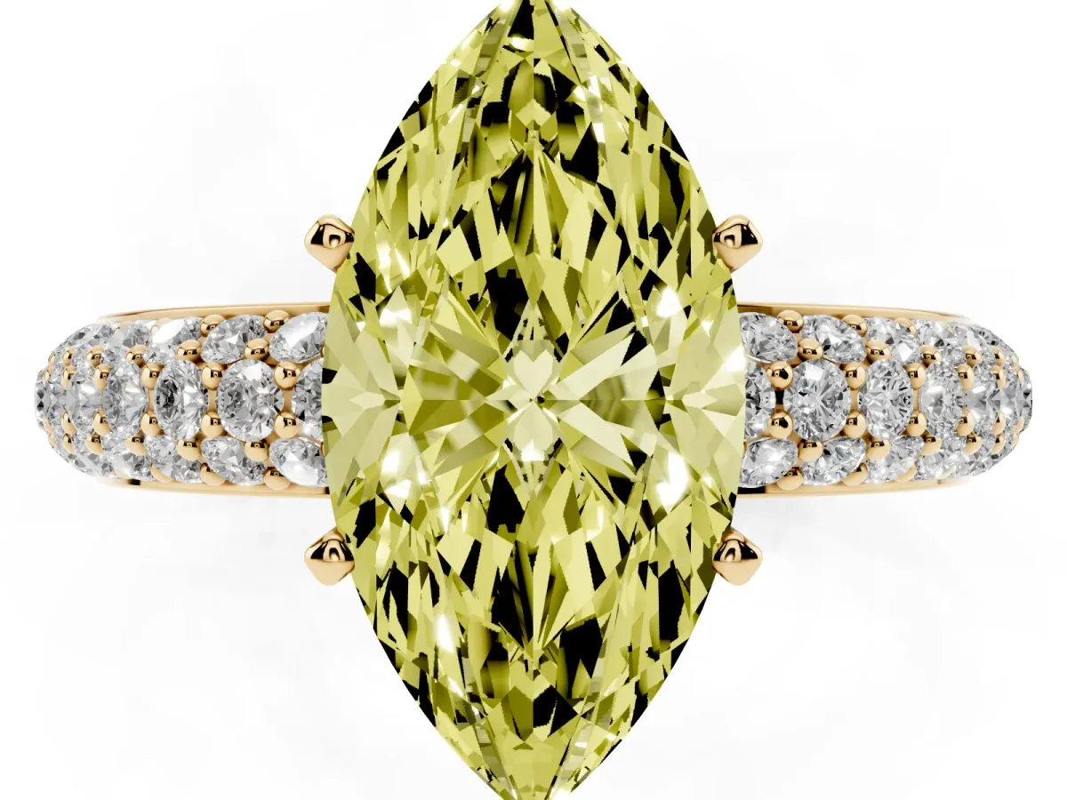 Fancy Yellow Marquise Cut Diamond Solitaire Ring with Prong Setting and Pavé Band Yellow gold