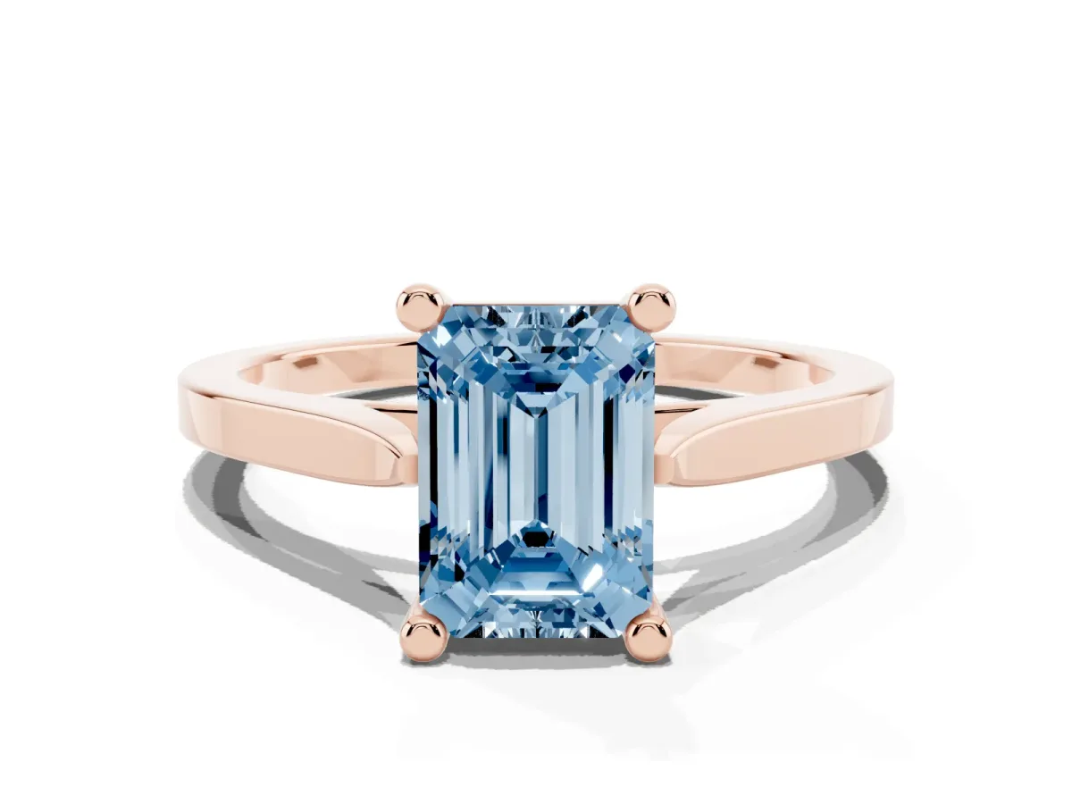 Fancy Blue Emerald Cut Solitaire Diamond Ring with Four-Prong Setting and Tapered Band Rose gold