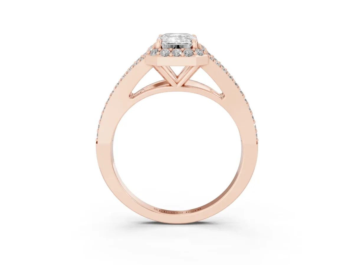 Emerald Cut Halo Split Shank Diamond Ring with Prong Setting Rose gold