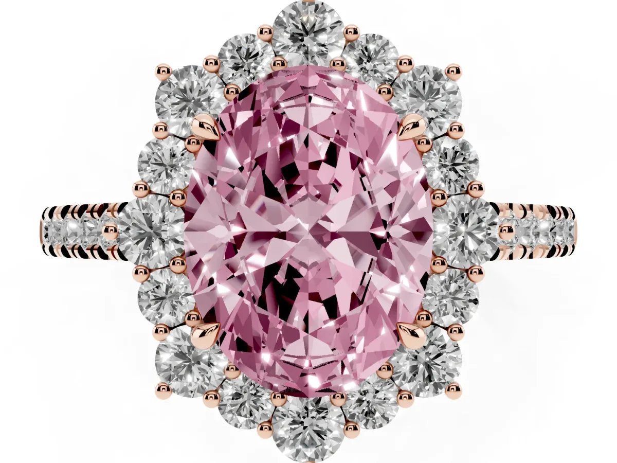 Fancy Pink Oval Cut Halo Diamond Ring with Pavé Band and Prong Setting Rose gold