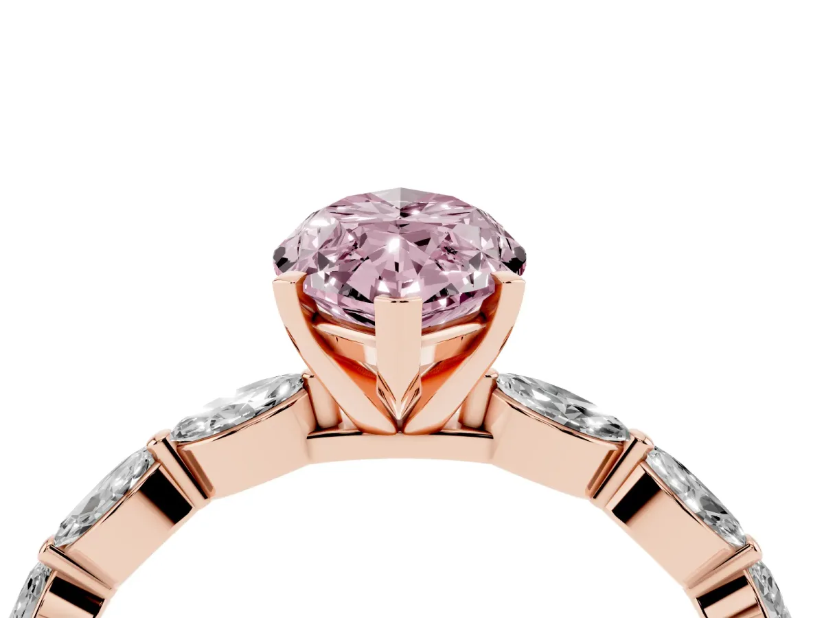 Fancy Pink Marquise Cut Diamond Ring with Marquise Side Stones and Prong Setting Rose gold
