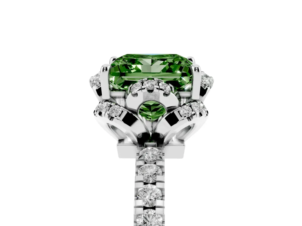 Fancy Green Princess Cut Halo Diamond Pave Band Ring with Four-Prong Setting Silver