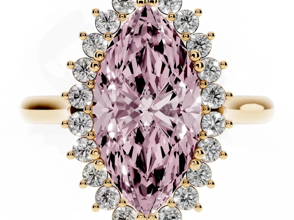 Fancy Pink Marquise Cut Cut Diamond Halo Ring with Solitaire Band and Prong Setting Yellow gold