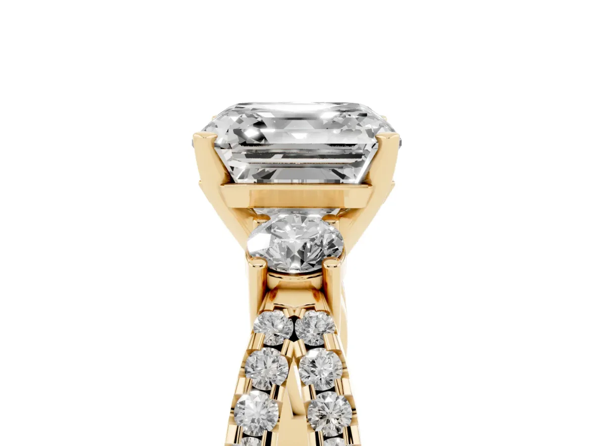 Asscher Cut Diamond Three-Stone Ring with Pavé Split Shank and Four-Prong Setting Yellow gold