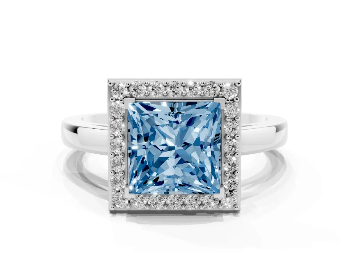 Fancy Blue Princess Cut Halo Diamond Ring with Solitaire Band and Prong Setting Silver