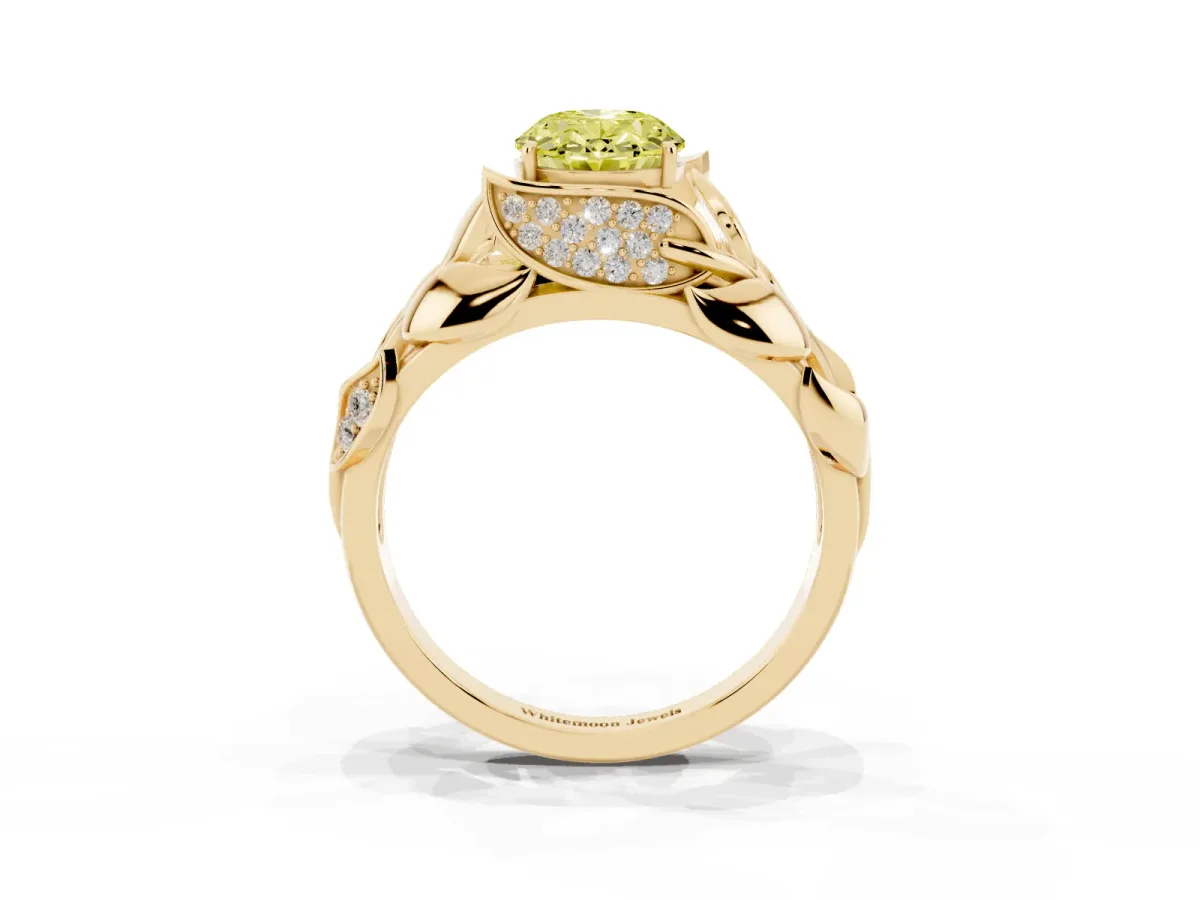 Fancy Yellow Oval Cut Diamond Leaf-Inspired Engagement Ring with Round Accents and Prong Setting Yellow gold