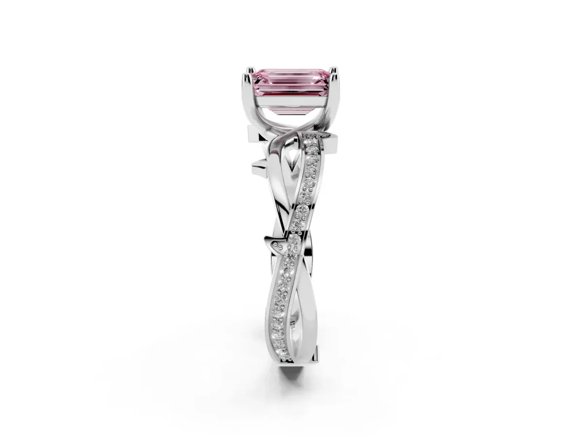 Fancy Pink Emerald Cut Solitaire Twist Band with Pavé Accents and Four-Prong Setting Silver