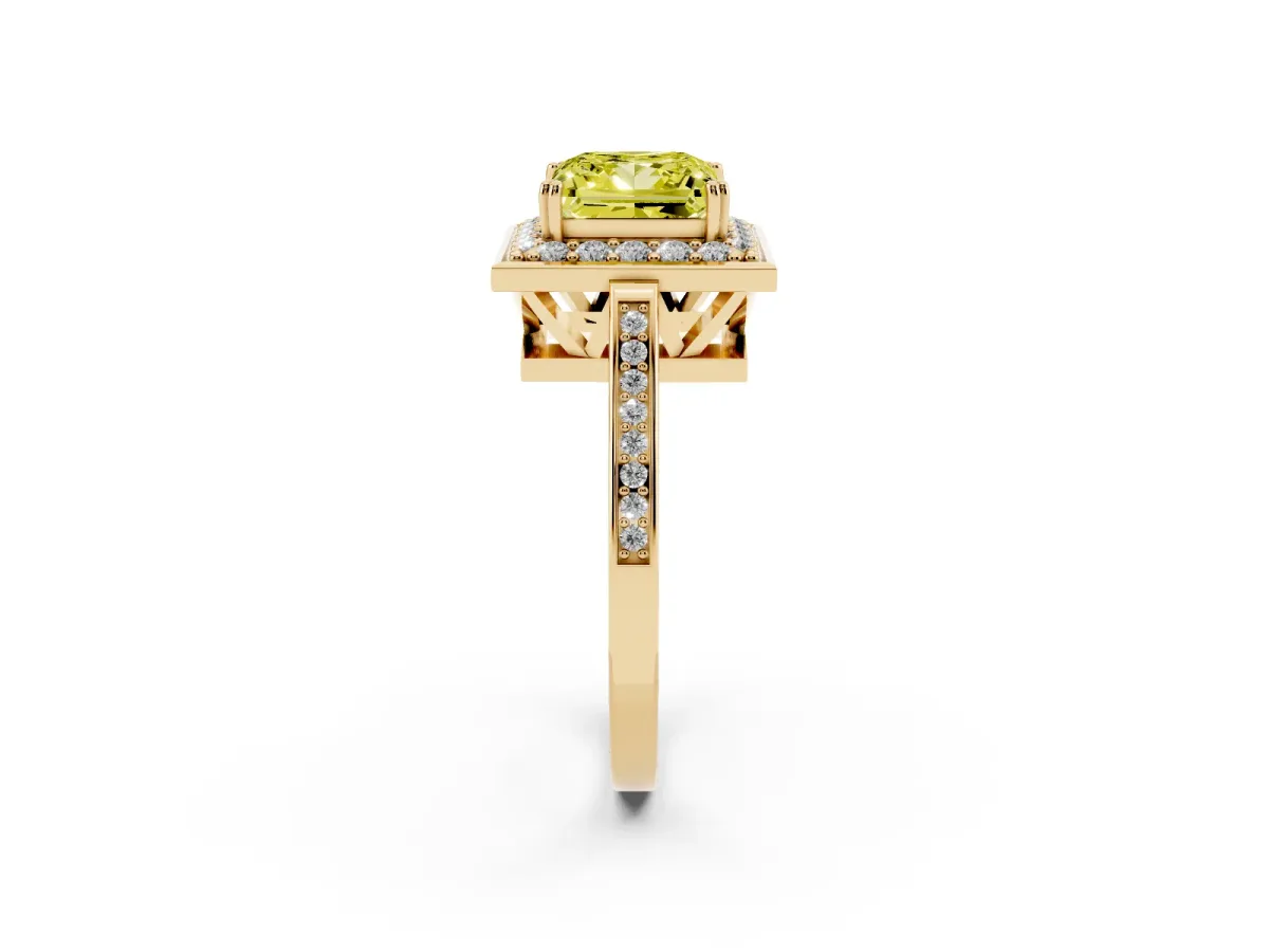 Fancy Yellow Princess Cut Diamond Halo Ring with Split Shank and Four-Prong Setting Yellow gold
