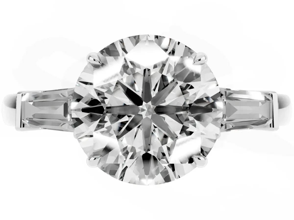 Round Cut Diamond Three-Stone Ring with Tapered Baguette Side Stones and Prong Setting Silver