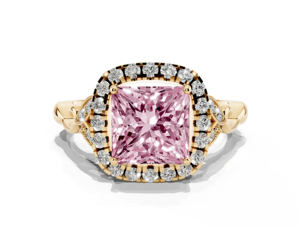 Fancy Pink Princess Cut Halo Diamond Engagement Ring with Vintage-Inspired Band and Four-Prong Setting Yellow gold