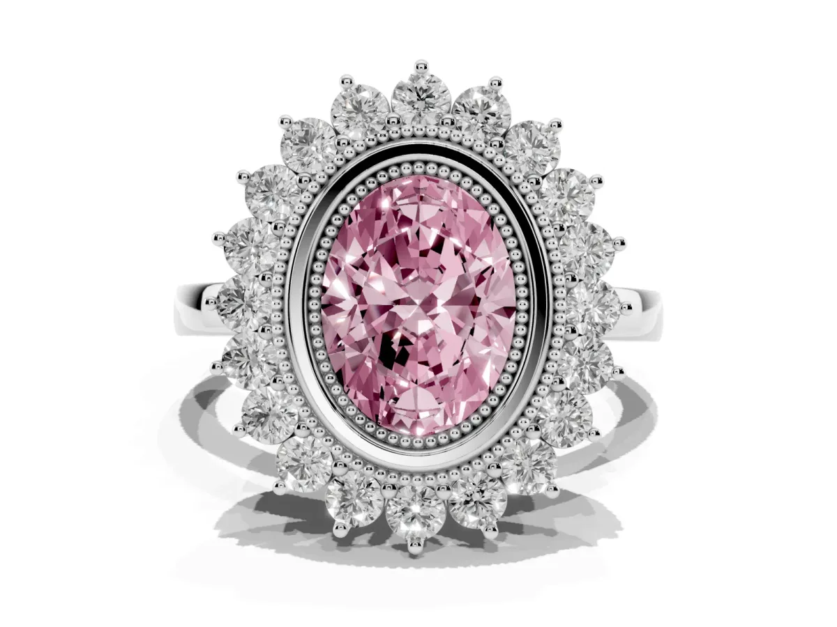 Fancy Pink Oval Cut Halo Diamond Ring with Milgrain Edge and Round Prong Setting Silver