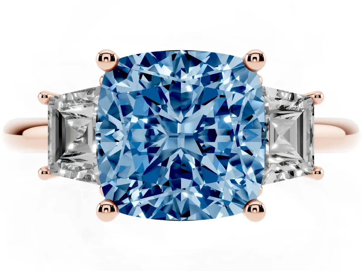 Fancy Blue Cushion Cut Diamond Three-Stone Ring with Trapezoid Side Stones and Prong Setting Rose gold
