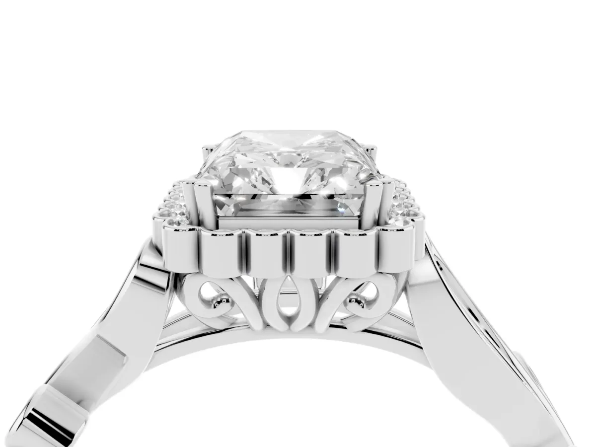 Radiant Cut Diamond Halo Ring with Vintage Split Shank and Four-Prong Setting Silver