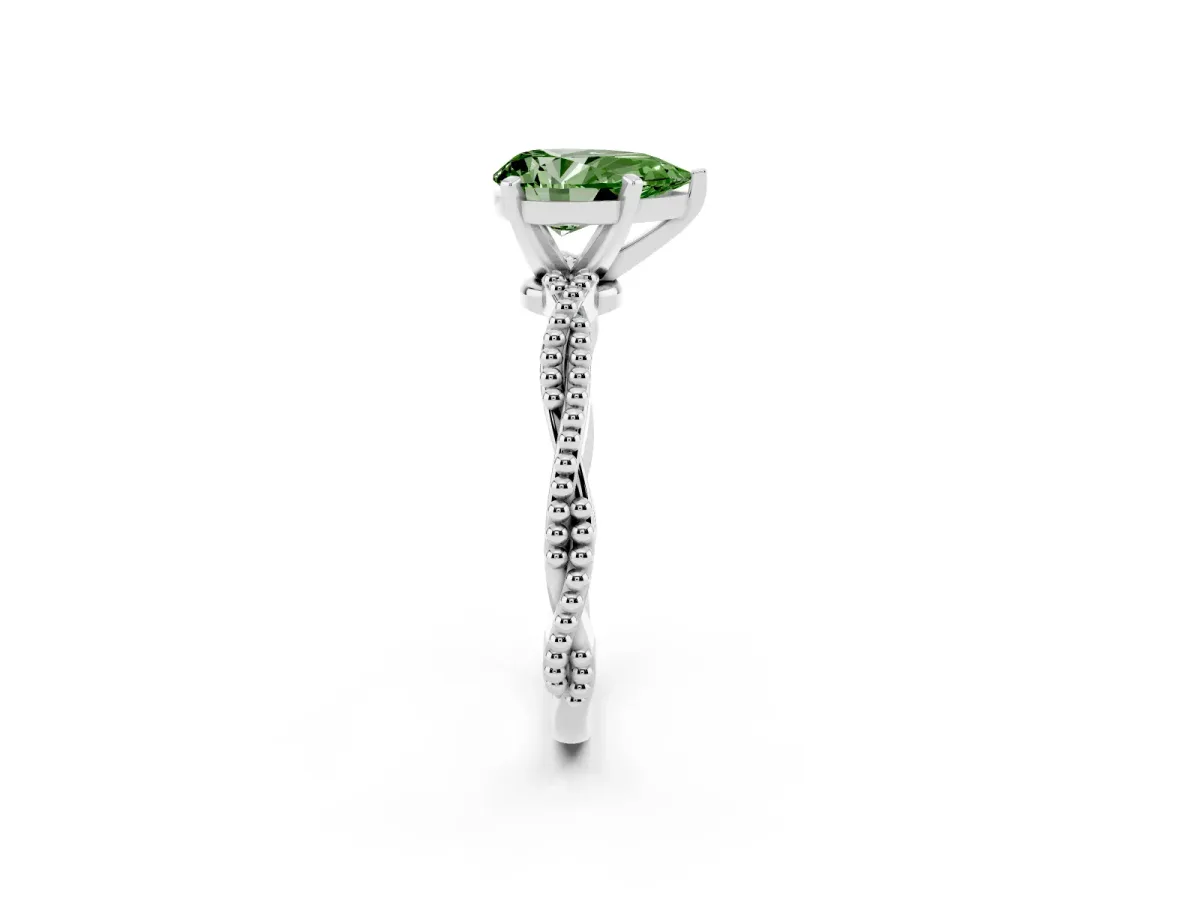 Fancy Green Pear Cut Solitaire Twisted Band with Bead Prong Setting Silver