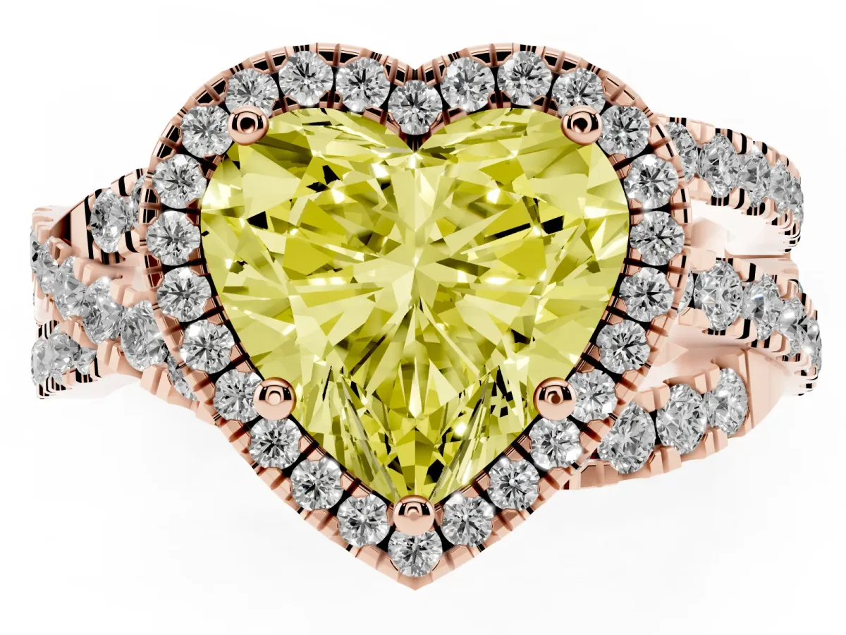 Fancy Yellow Heart Cut Diamond Halo Ring with Round Split Shank and Prong Setting Rose gold