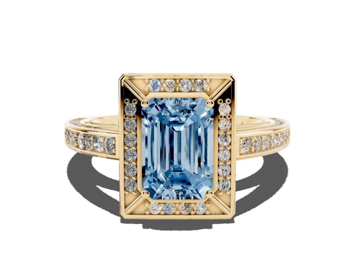 Fancy Blue Emerald Cut Cut Halo Pave Split Shank Prong Setting Ring Yellow gold