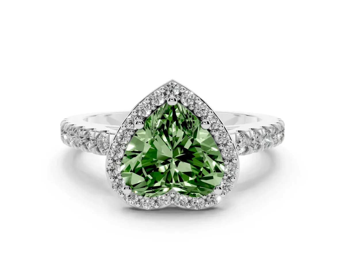 Fancy Green Heart Cut Cut Halo Diamond Engagement Ring with Pave Band and Four-Prong Setting Platinum