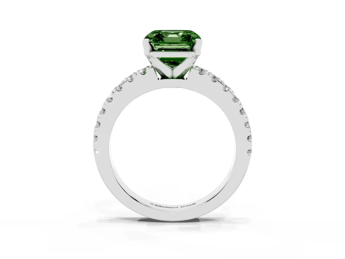 Fancy Green Asscher Cut Solitaire Diamond with Pavé Band and Four-Prong Setting White gold