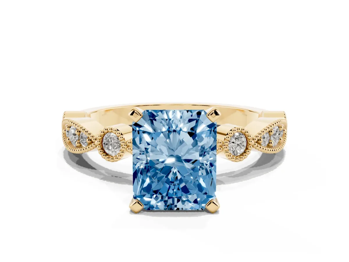 Fancy Blue Radiant Cut Milgrain Bezel Diamond Engagement Ring with Solitaire Prong Setting Yellow gold