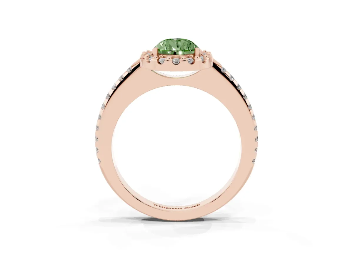 Fancy Green Pear Cut Diamond Pavé Halo Ring with Four-Prong Setting Rose gold