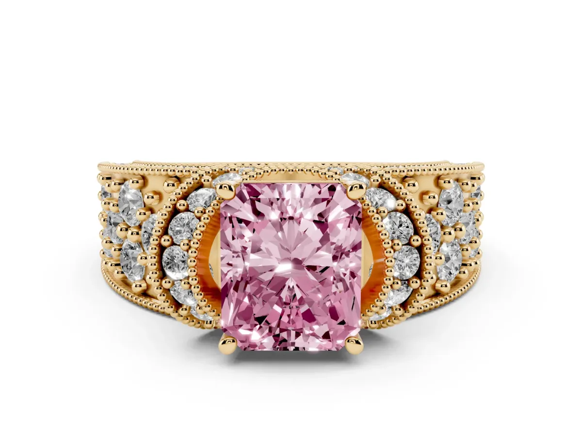 Fancy Pink Radiant Cut Halo Pave Diamond Engagement Ring with Milgrain Detailing Yellow gold