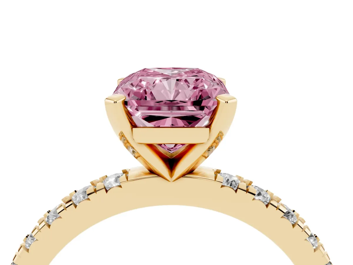 Fancy Pink Radiant Cut Diamond Pavé Band Solitaire with Four-Prong Setting Yellow gold