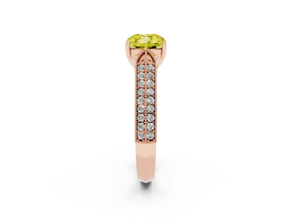 Fancy Yellow Cushion Cut Cut Pave Split Shank Engagement Ring with Four-Prong Setting Rose gold