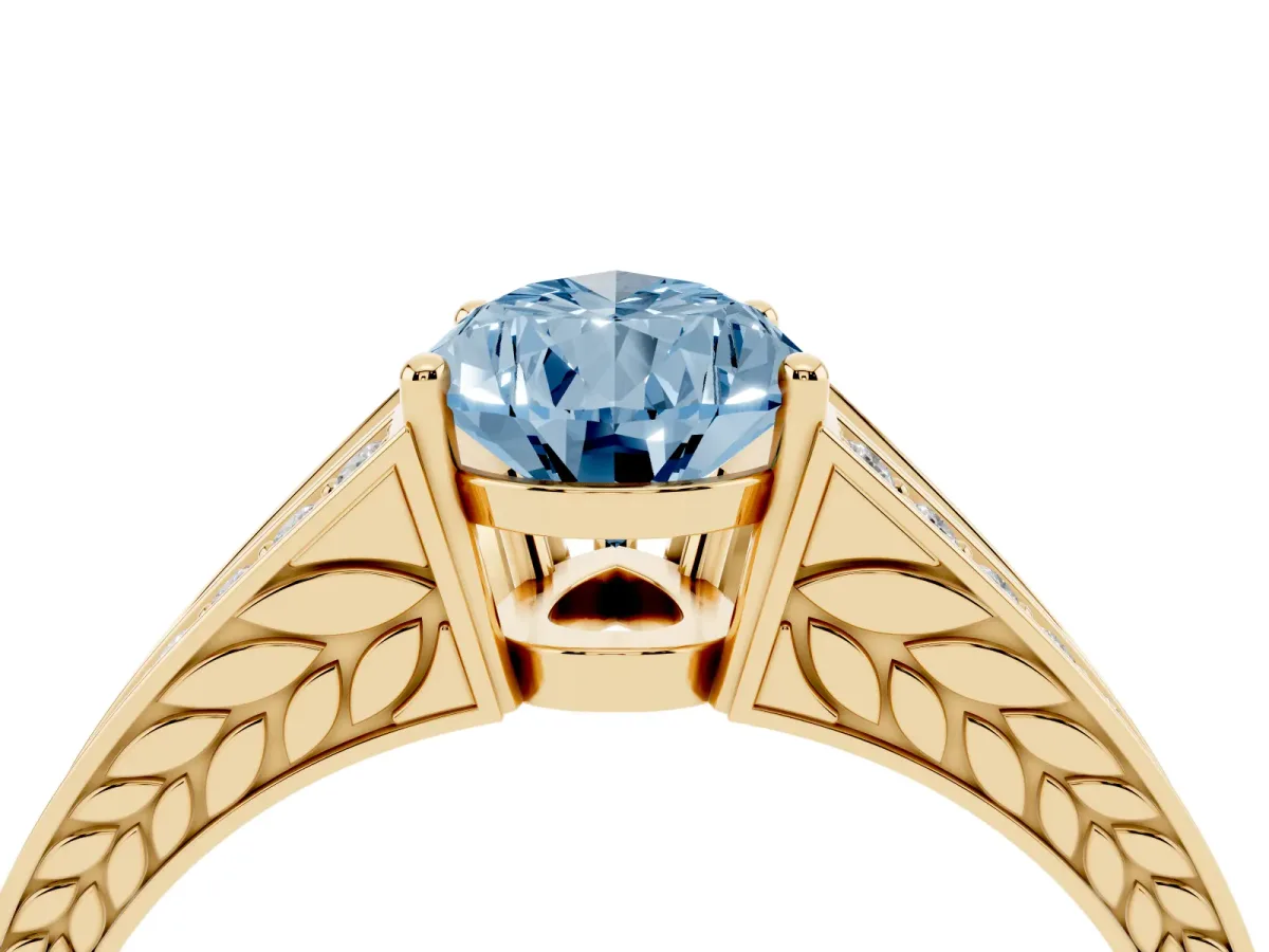 Fancy Blue Pear Cut Diamond Split Shank Ring with Pavé Band and Four-Prong Setting Yellow gold