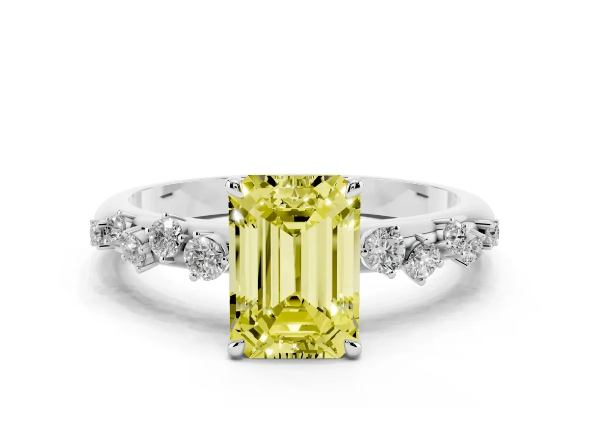 Fancy Yellow Emerald Cut Diamond Cluster Prong-Set Solitaire Ring Platinum