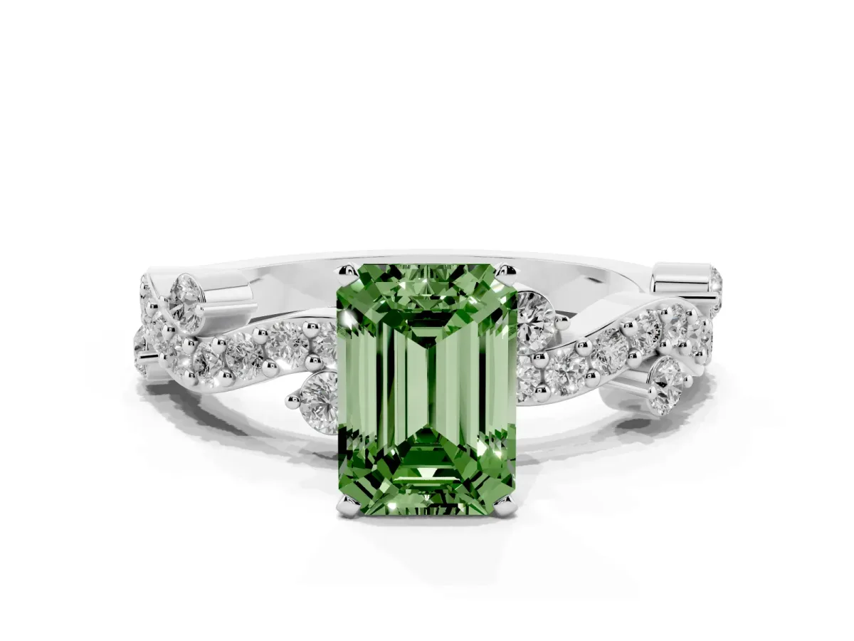 Fancy Green Emerald Cut Cut Solitaire Diamond Twisted Band with Pave Setting Platinum