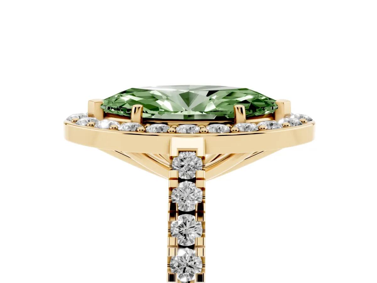 Fancy Green Marquise Cut Diamond Halo Ring with Round Pavé Split Shank and Prong Setting Yellow gold