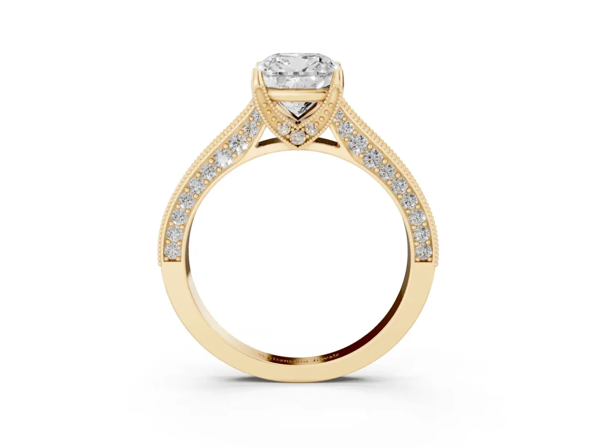 Cushion Cut Cut Diamond Solitaire Ring with Milgrain Pave Band and Four Prong Setting Yellow gold