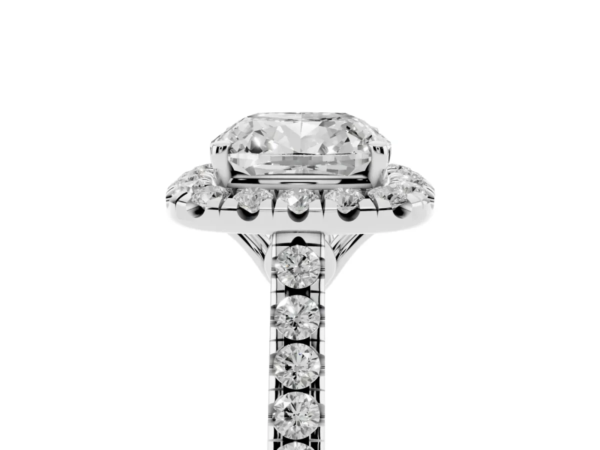 Cushion Cut Halo Pavé Diamond Engagement Ring with Four-Prong Setting Platinum