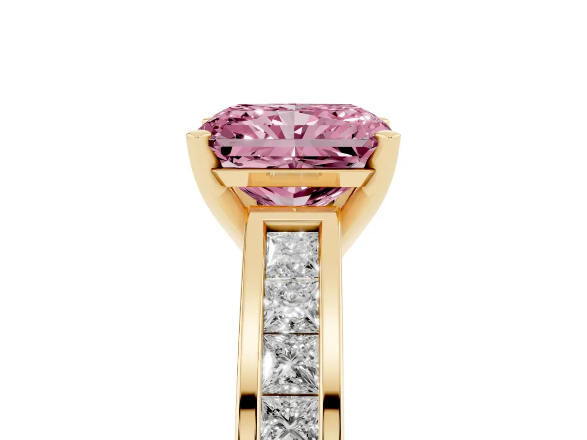 Fancy Pink Radiant Cut Solitaire Diamond Ring with Channel-Set Band and Four-Prong Setting Yellow gold