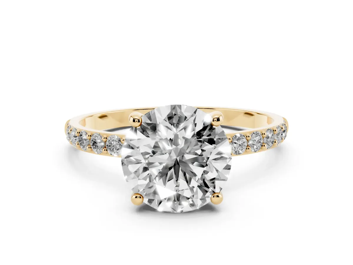 Round Cut Diamond Solitaire Ring with Round Pavé Band and Prong Setting Yellow gold