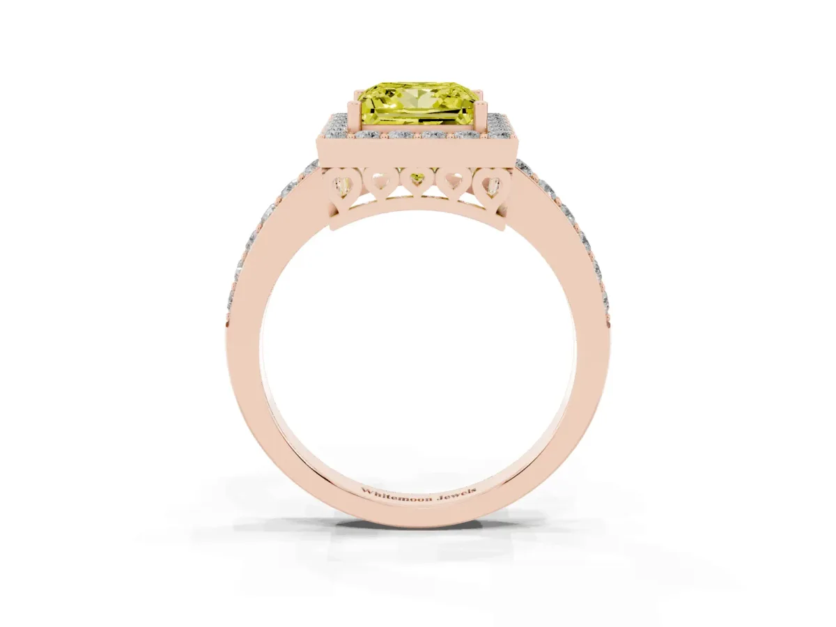 Fancy Yellow Princess Cut Halo Diamond Pavé Band Ring with Prong Setting Rose gold