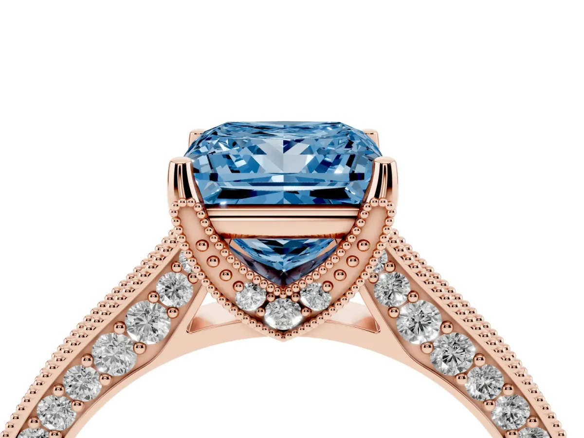 Fancy Blue Princess Cut Cut Diamond Solitaire Ring with Milgrain Pave Band and Four Prong Setting Rose gold
