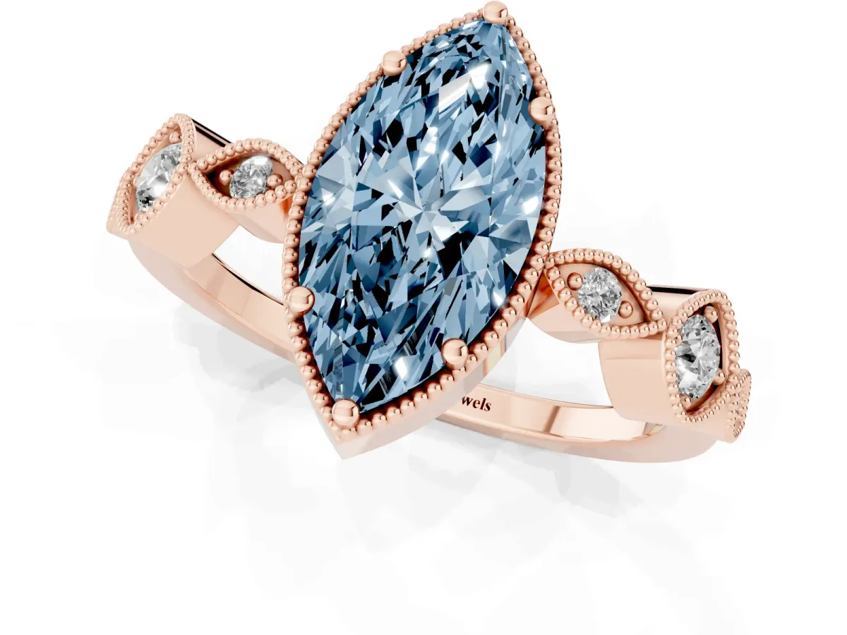 Fancy Blue Marquise Cut Diamond Vintage Milgrain Ring with Round Stations Rose gold