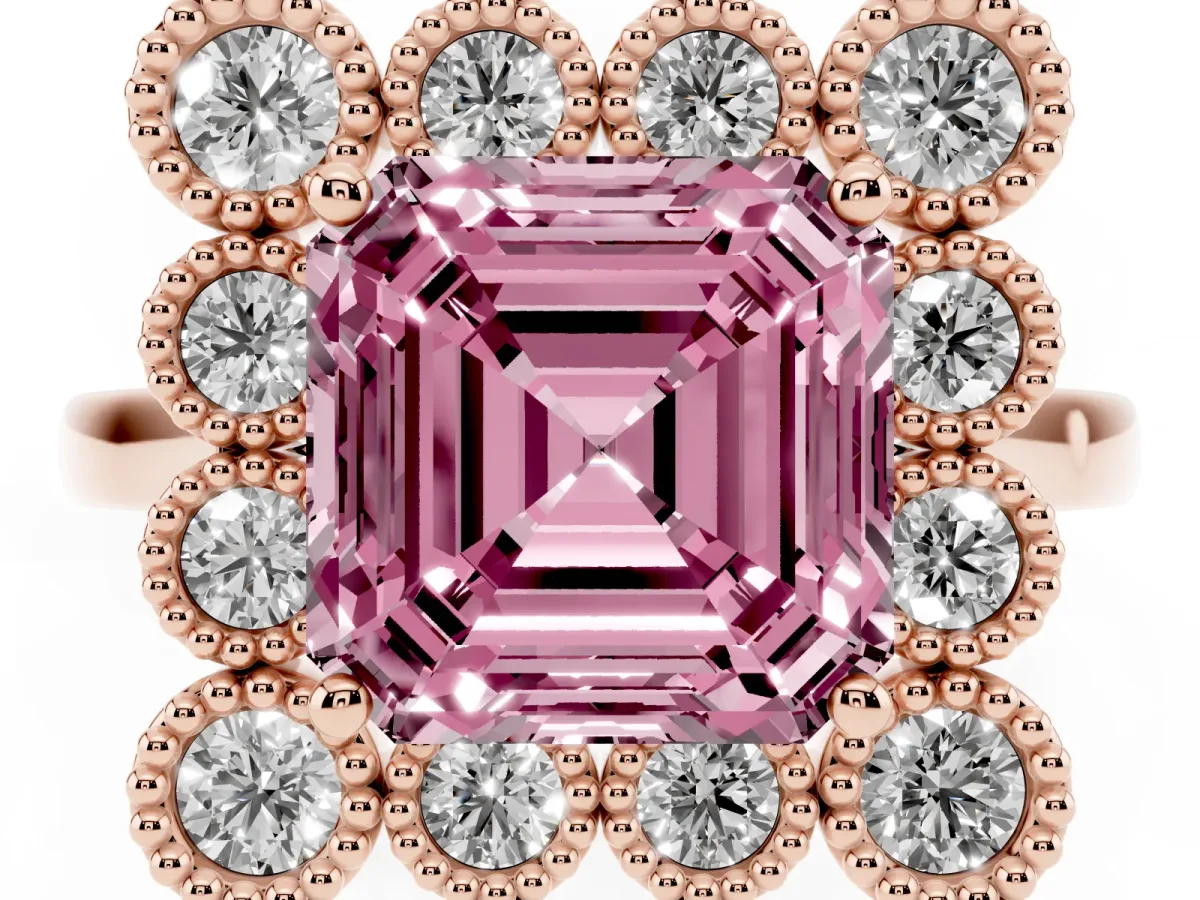 Fancy Pink Asscher Cut Halo Diamond Cluster Engagement Ring with Milgrain Bezel Setting and Solitaire Band Rose gold
