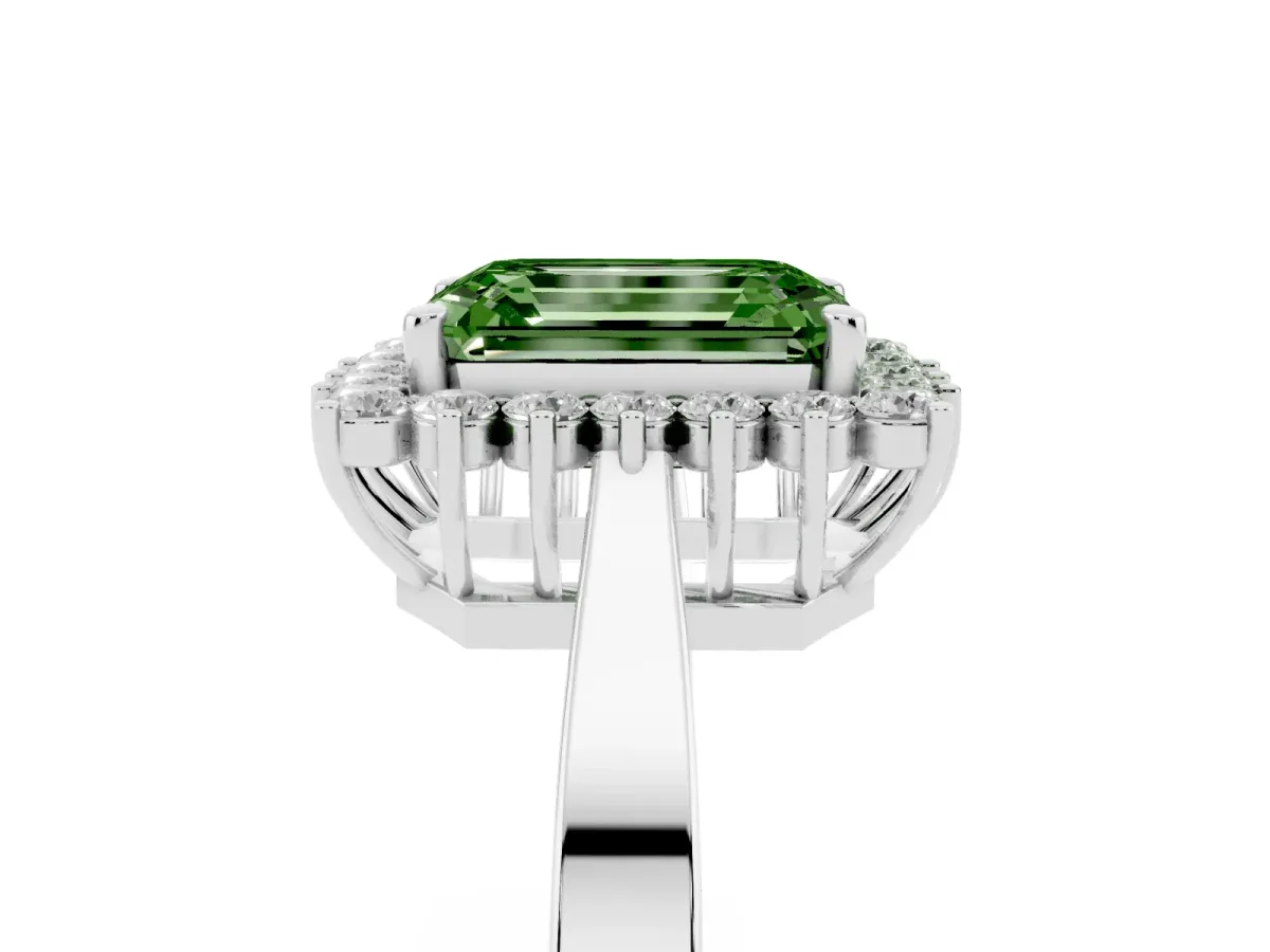 Fancy Green Emerald Cut Cut Diamond Halo Ring with Round Brilliant Halo and Solitaire Band White gold