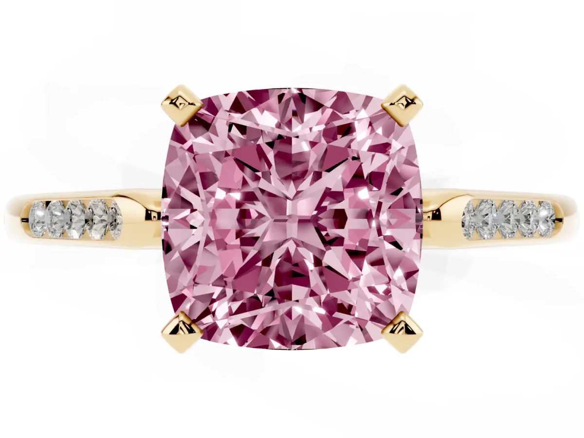 Fancy Pink Cushion Cut Diamond Solitaire Ring with Channel Set Round Band and Prong Setting Yellow gold